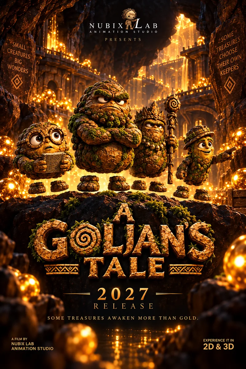 A Goljan's Tale poster: four moss-covered gold-nugget characters in a glowing underground city. 2027 release.