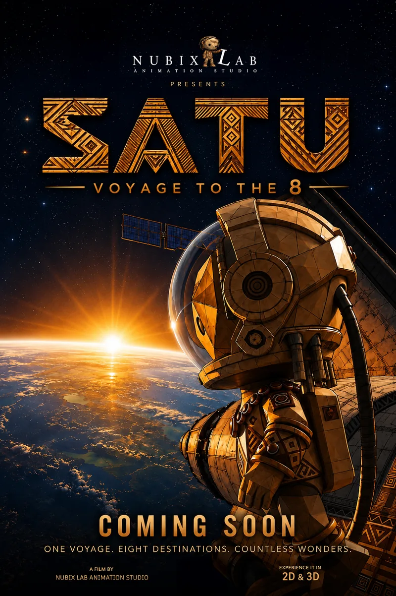 SATU: Voyage to the 8 poster: Satu in a spacesuit above Earth at sunrise. Coming soon.