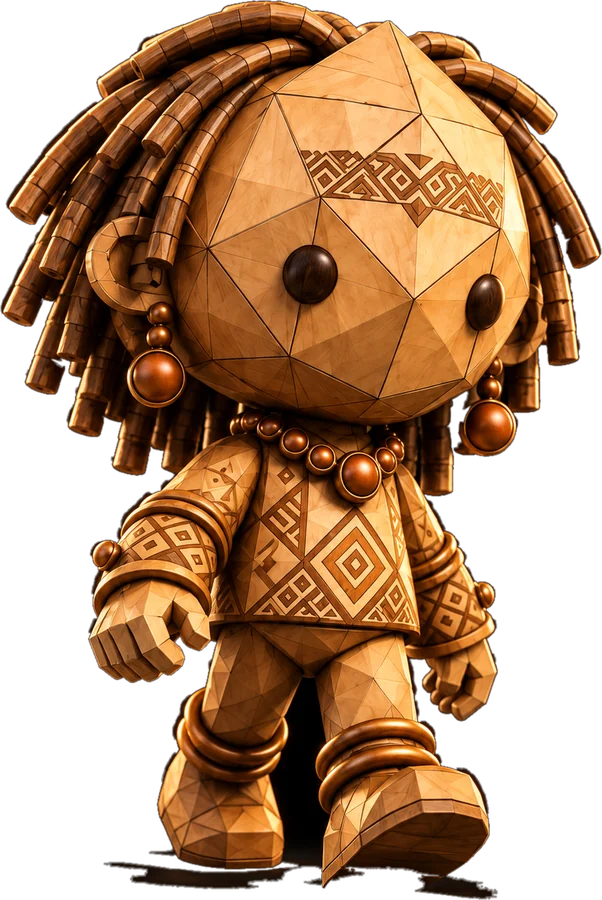 Satu, a small carved-wood robot with bead dreadlocks, mid-stride